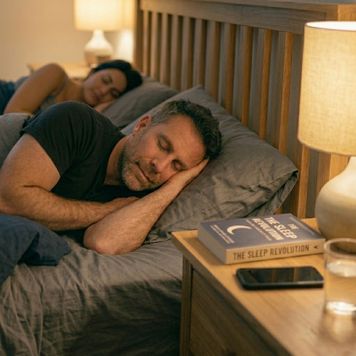 SnoreMD Device with happy sleepers in background